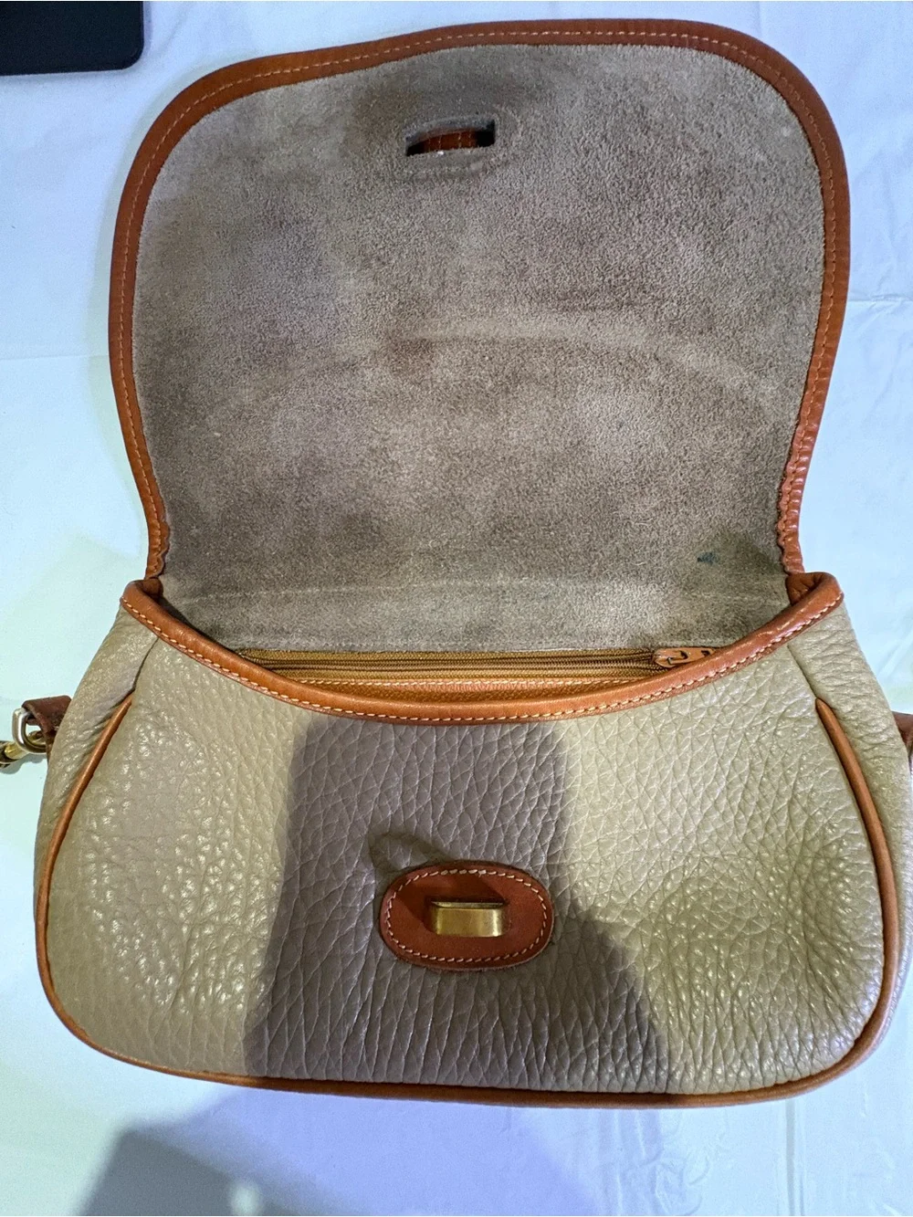 Vintage Dooney & Bourke Taupe Pebbled Leather Crossbody with Brown Trim